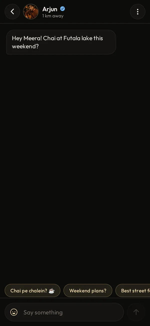 A chat with a verified match and quick reply suggestions