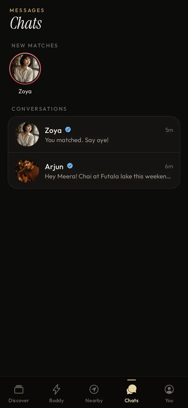 Chats screen with new matches and conversations