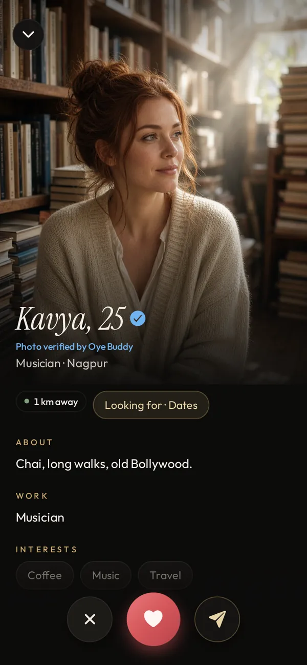 A profile with the blue verified badge, photo verified by Oye Buddy