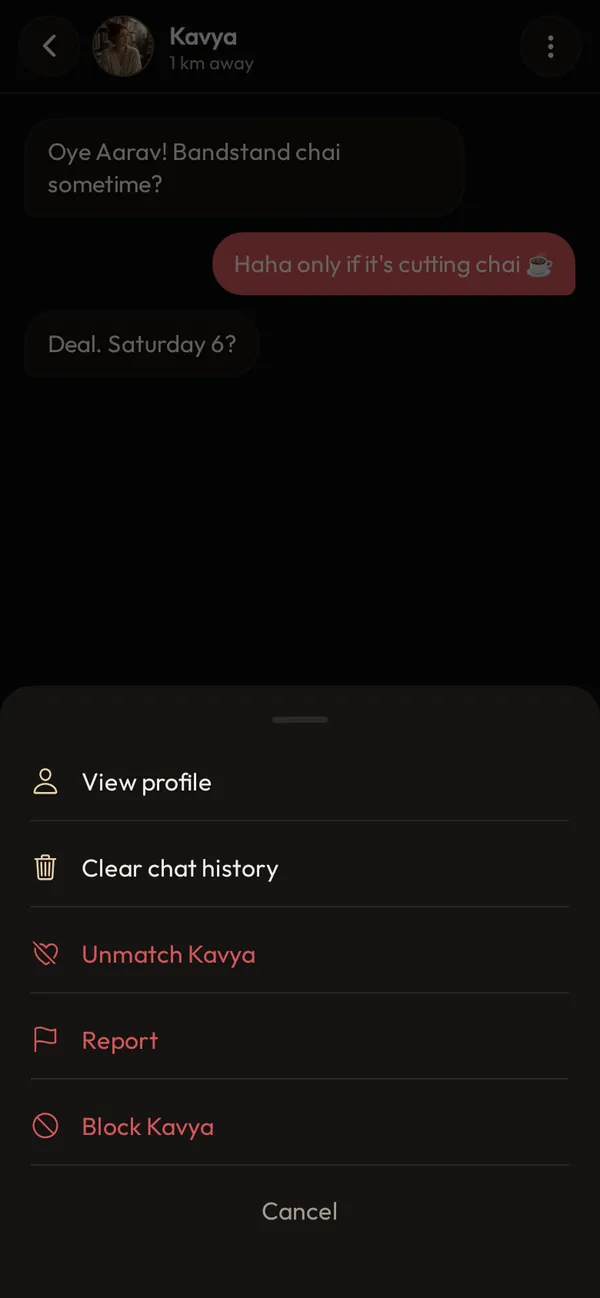 The chat menu with View profile, Clear chat history, Unmatch, Report and Block