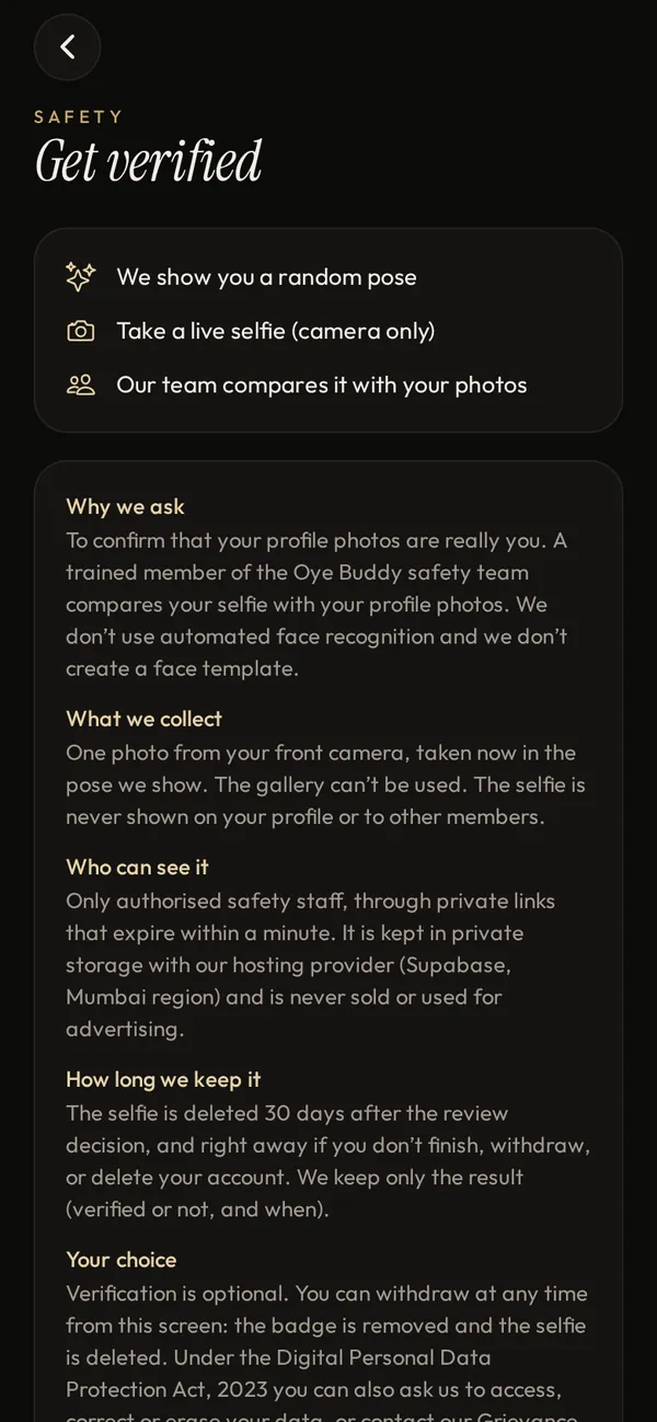 Get verified screen explaining the random pose selfie, who sees it and how long it is kept